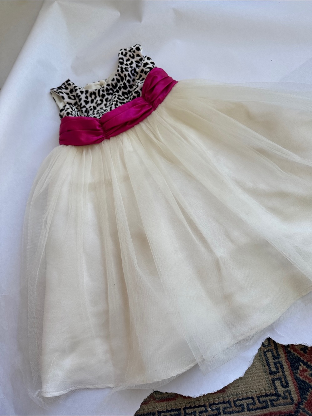 Jona Michelle Ivory Tulle Dress with Leopard Bodice and Fuchsia Sash